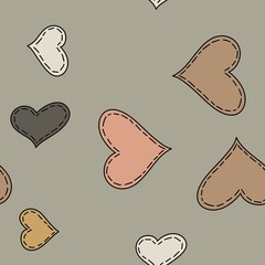 Hand drawn seamless pattern with st valentine day beige blush brown fabric background. Love heart boho bohemian neutral decor, vintage neutral pastel textile texture wrapping paper.