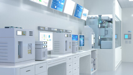 white futuristic digital laboratory with machine and computer screen