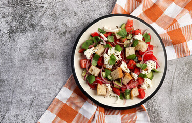Tuscan Panzanella, traditional Italian salad with tomatoes and bread. Vegetarian panzanella salad...