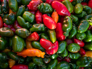 Pile of Green, Red and Orange Peppers in Puno's Market in the Morning