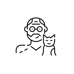 Middle-aged man and his kitten. Pet lover icon. Pixel perfect, editable stroke art 