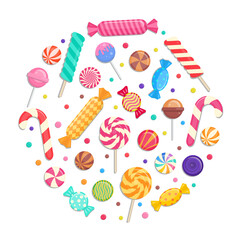 Vector colorful Candies. Collection of Sweets, Candies, Lollipops, gumballs, sugar caramel, and twisted marshmallows.