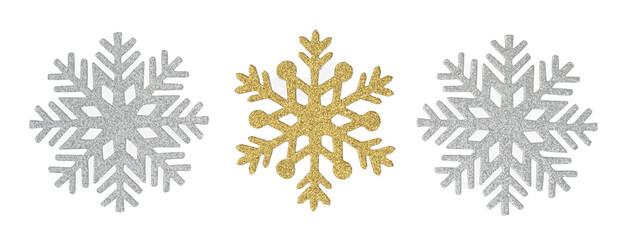 Three sparkly snowflakes in a row, gold and silver glitter
