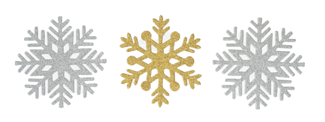 Three sparkly snowflakes in a row, gold and silver glitter
