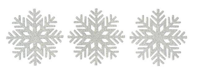 Three silver sparkly snowflakes in a row
