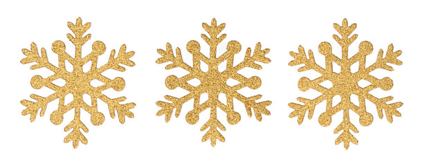 Three gold sparkly snowflakes in a row
