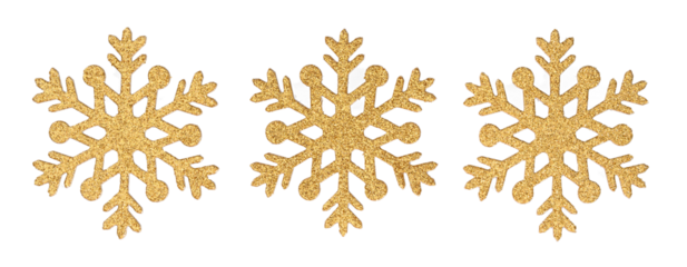 Three gold sparkly snowflakes in a row
