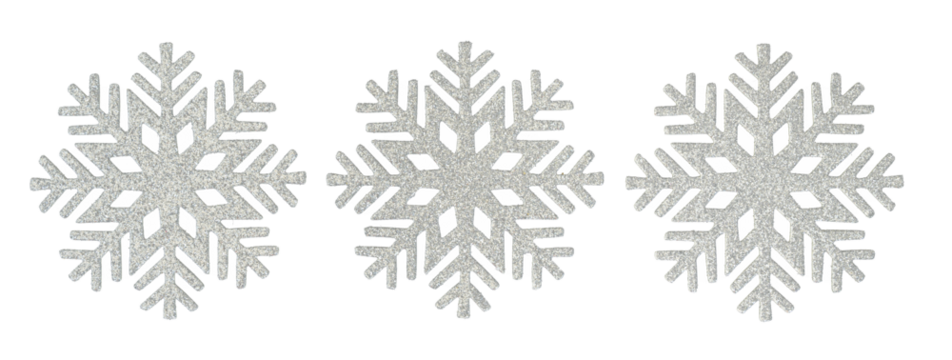 Three silver sparkly snowflakes in a row
