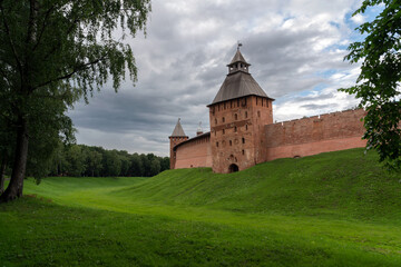 Naklejka premium View of the Spasskaya Tower of the Novgorod Kremlin on a summer day, Veliky Novgorod, Novgorod region, Russia