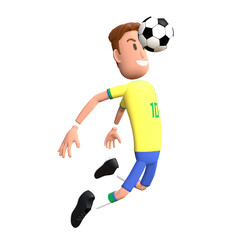 Brazil football player 3D character heading goal. Cartoon character as Brazilian soccer team.