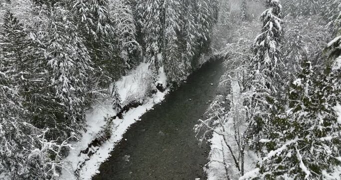 High Angle Above Beautiful Snow River During Winter Conditions