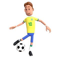 Fototapeta na wymiar Brazil football player 3D character kick the ball. Cartoon character as Brazilian soccer team.