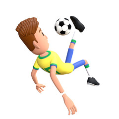 Brazil football player 3D character bicycle kick. Cartoon character as Brazilian soccer team.