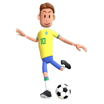 Brazil football player 3D character free kick. Cartoon character as Brazilian soccer team.