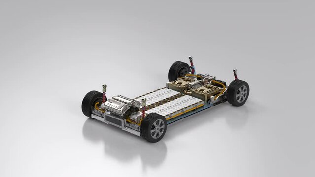 3d rendering electric car with pack of battery cells module on platform 4k footage