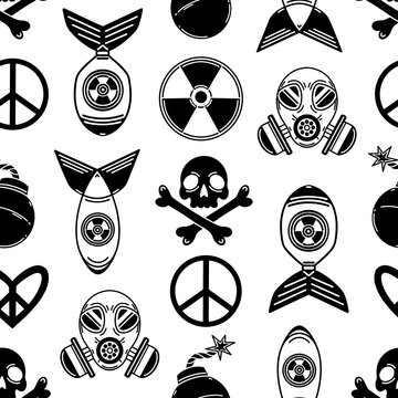 War seamless vector pattern. Armed conflict symbols - atomic bomb, nuclear missile, gas mask, radiation, skull and crossbones. Black and white silhouette of a weapon. Background for posters, prints