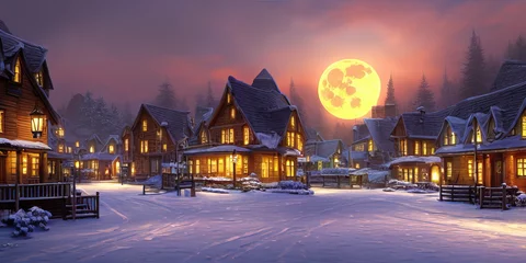 Zelfklevend Fotobehang winter night town with warm lights and moonlight © Hoanh Phan