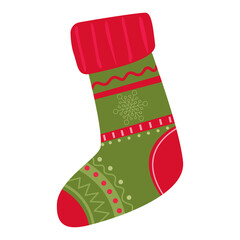 Empty christmas sock stocking isolated on white. Decorative red sock with white fur and patches. Vector illustration