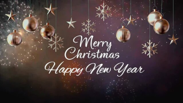Animation text marry Christmas HAPPY NEW YEAR with realistic colorful firework background for design christmas or new year template.