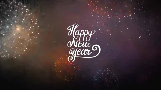Animation text HAPPY NEW YEAR with realistic colorful firework background for design christmas or new year template.