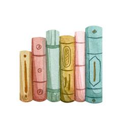 Books are on the shelf, painted in watercolor. 