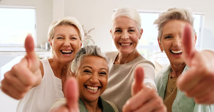 Happy, thumbs up and portrait of senior women in retirement having fun together in modern home. Happiness, diversity and excited elderly friends with a smile, laughing and bonding while taking selfie