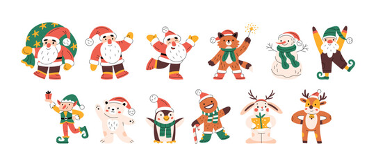Set of cute funny Christmas characters. Santa Claus, snowman, bear, reindeer, gnome, elf