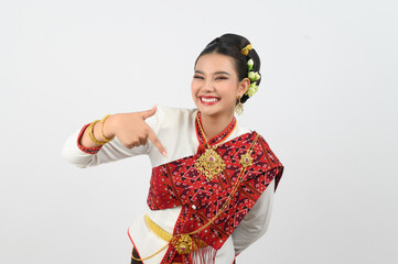 Young beautiful woman dres local culture in southern point finger posture