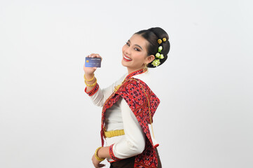 Portrait of Beautiful Thai Woman in Traditional Clothing Posing with credit card
