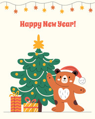 Merry Christmas vertical greeting card with a cute bear, presents and decorated tree
