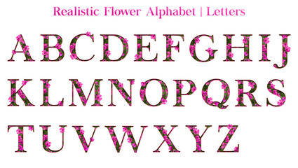 Realistic flower alphabet set in uppercase letters