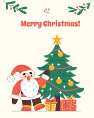 Merry Christmas vertical greeting card with Sanda Claus, presents and decorated tree
