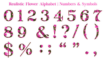Realistic flower numbers and symbols. This is a part of an alphabet set which also includes uppercase and lowercase letters. Perfect as decorative element for your design projects.