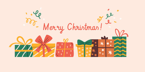 Merry Christmas horizontal banner with wrapped presents
