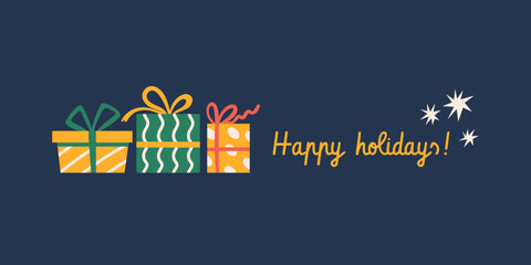 Happy holidays horizontal banner with wrapped presents for Christmas