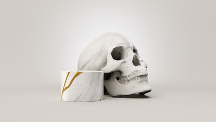An abstract small marble platform repaired with gold in the Kintsugi method, backed by a marble skull