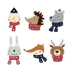 Vector set of cute forest animals and funny snowman in winter scarves and hats for your design