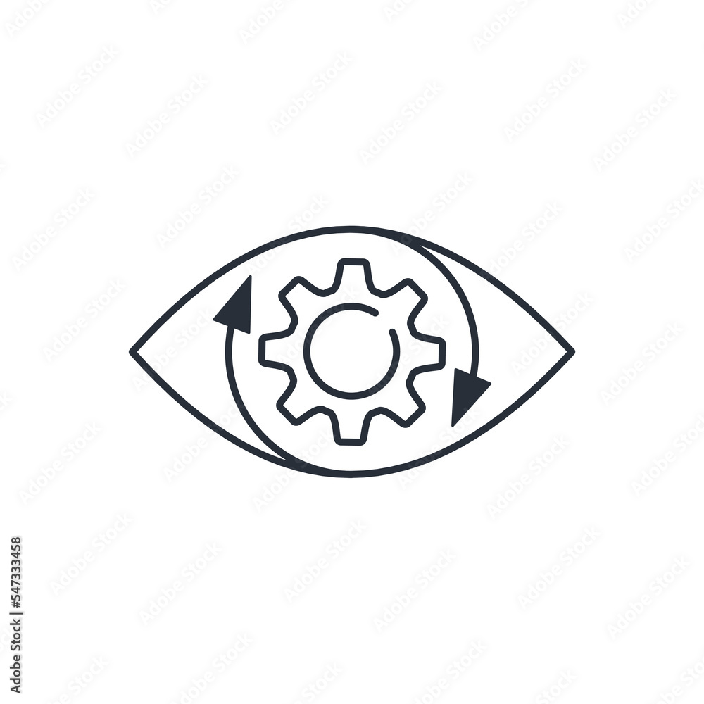 Poster gear in the eye. visual process. vector linear icon isolated on white background.