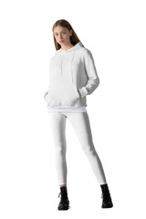 Young woman in a white hoodie and leggings. Mock-up. Png.