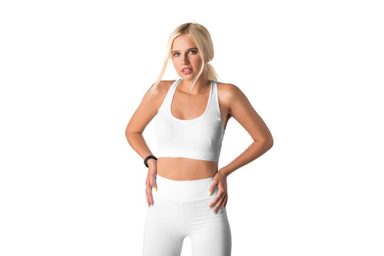 Girl in a white sports top and leggings. Png. Mock-up.