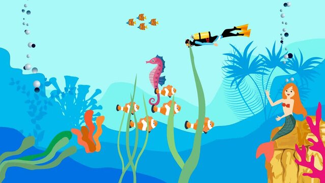 Underwater life fishes sea horse diver cartoon 2d animation