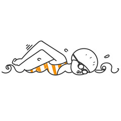 hand drawn doodle illustration of woman swimming and diving