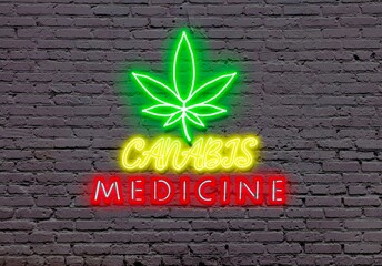 Neon sigh Cannabis medicine on a brickwall background