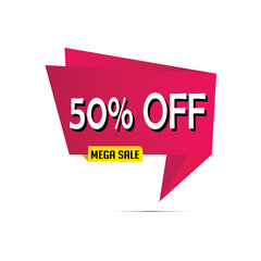 50% off sale banner design. 50% off discount tag. 50% price off badge with white background
