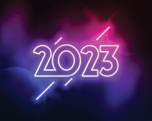 neon 2023 text new year banner with smoke effect