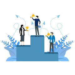Fototapeta premium happy businessman having winner, leadership qualities in creative team, successful career, direction to successful path, building trophy vector flat modern design illustration