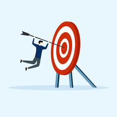 Business Vision, businessman hitting arrow on target, team work, business goal or achievement, motivation in motion, target achievement
