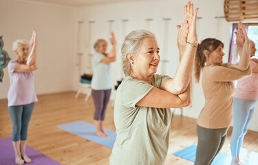 Pilates, wellness and group of senior women doing a mind, body and spiritual exercise in studio. Health, retirement and elderly friends doing yoga workout in zen class for peace, balance and fitness. - obrazy, fototapety, plakaty