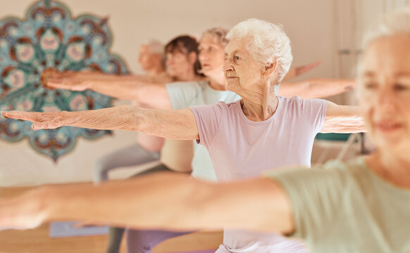 Yoga fitness, class and senior women training for elderly wellness, health and retirement self care in pilates studio. Healthcare, body workout and calm group of people exercise for healthy lifestyle