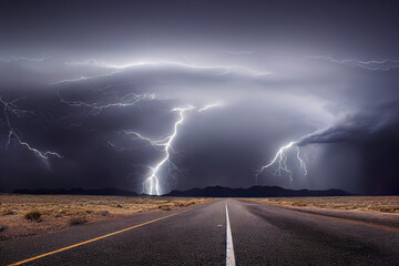Naklejka na ściany i meble thunderstorm and lightning over abandoned roan in nevada desert